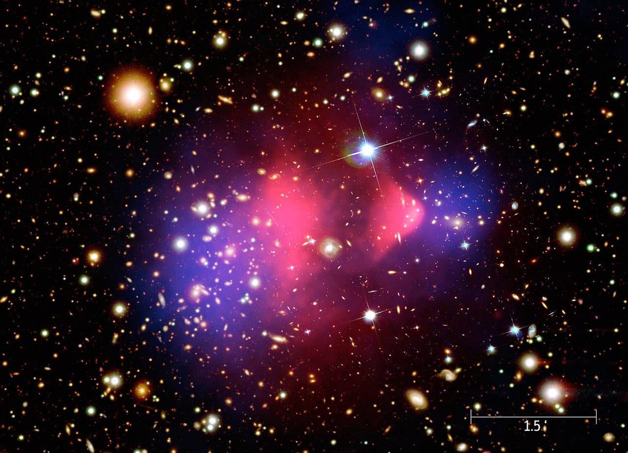 The Bullet Cluster: pink X-ray gas lagging behind two blue clumps of mass mapped by gravitational lensing.