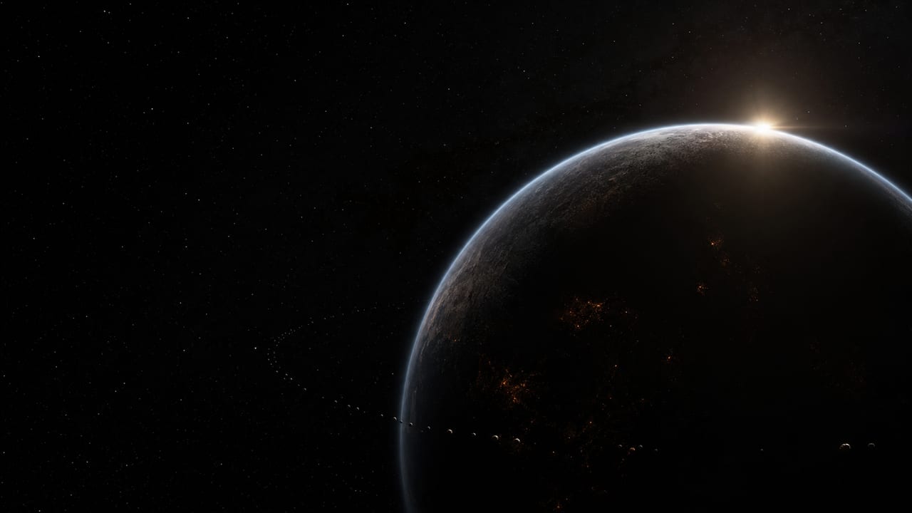 A dark exoplanet at sunrise, with a sparse and ambiguous arc of objects around it and faint warmth on its night side.