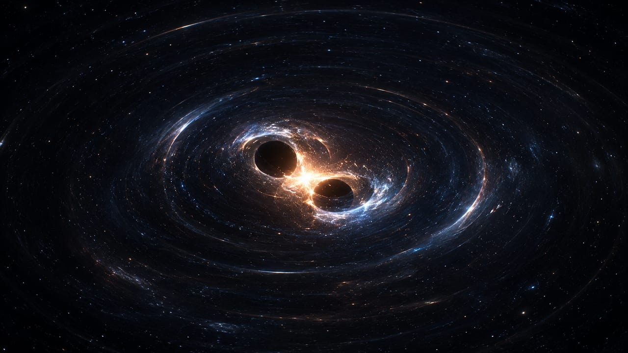 Two black holes spiralling together, warping the spacetime around them.