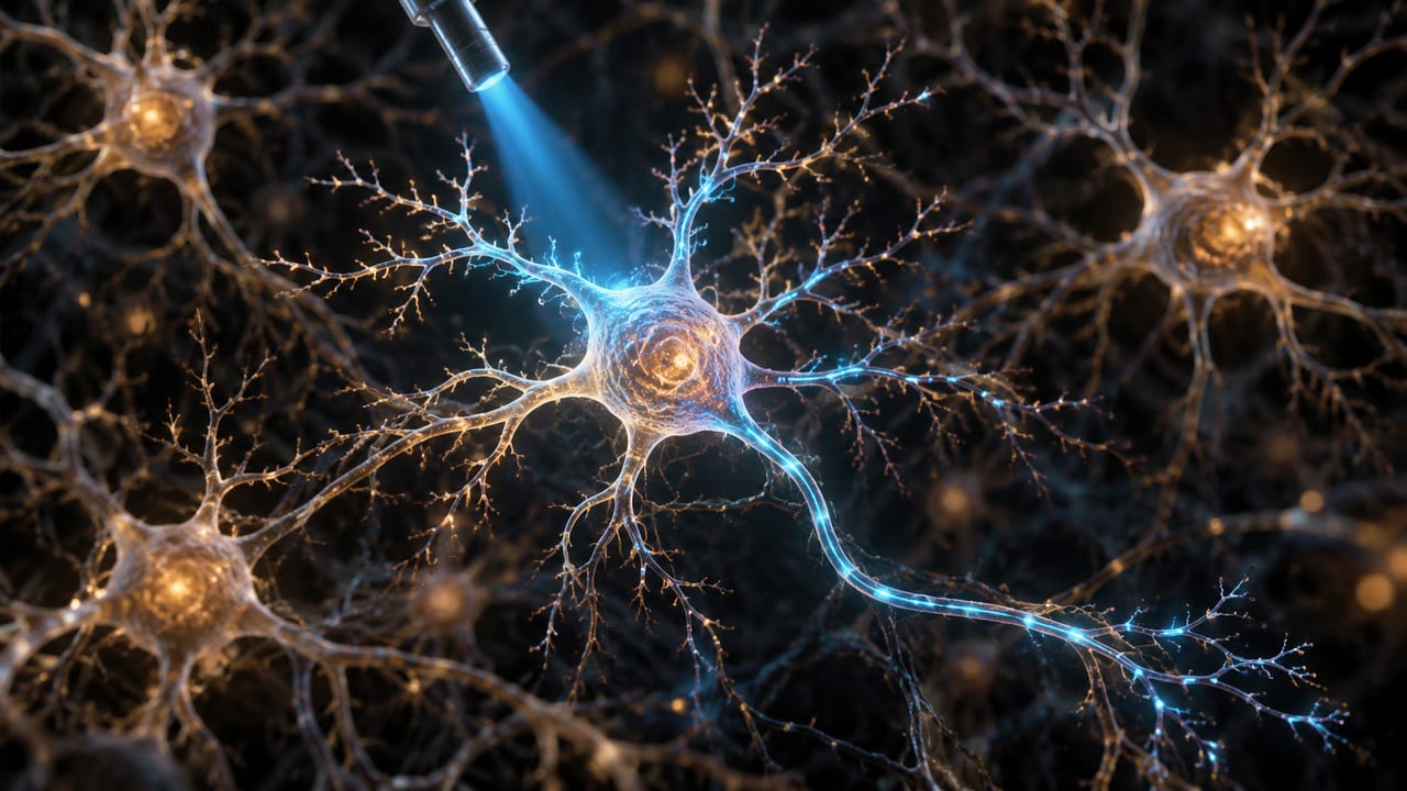Conceptual illustration of light reaching an opsin-bearing nerve cell, connecting algal light sensing with neural intervention; not a micrograph or an observed experiment.