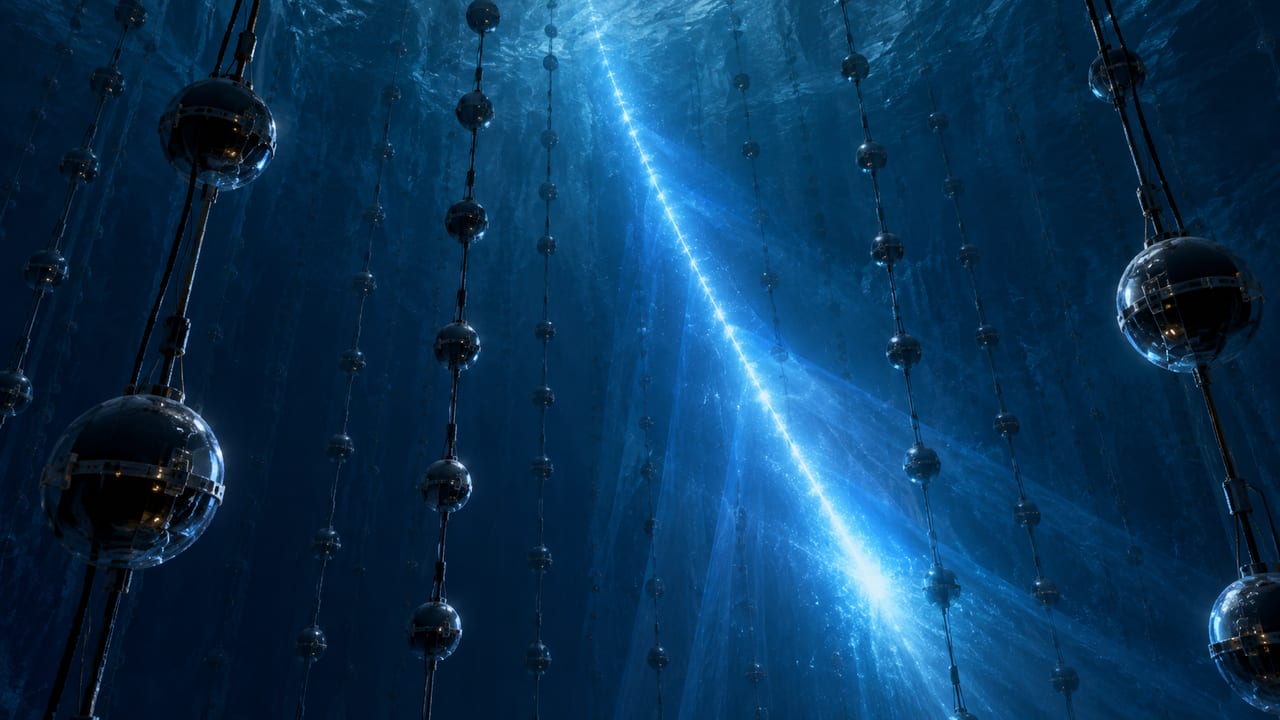 Conceptual scientific illustration of IceCube neutrino detection in Antarctic ice; not a photograph or a recorded particle event.