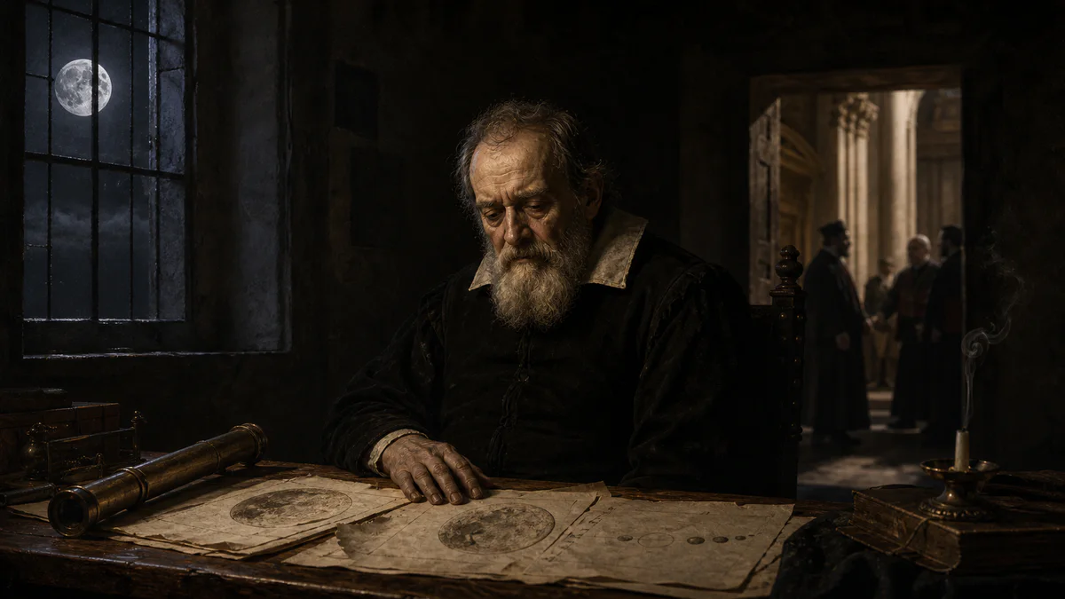 An elderly Galileo rests his hand on telescopic drawings after interrogation