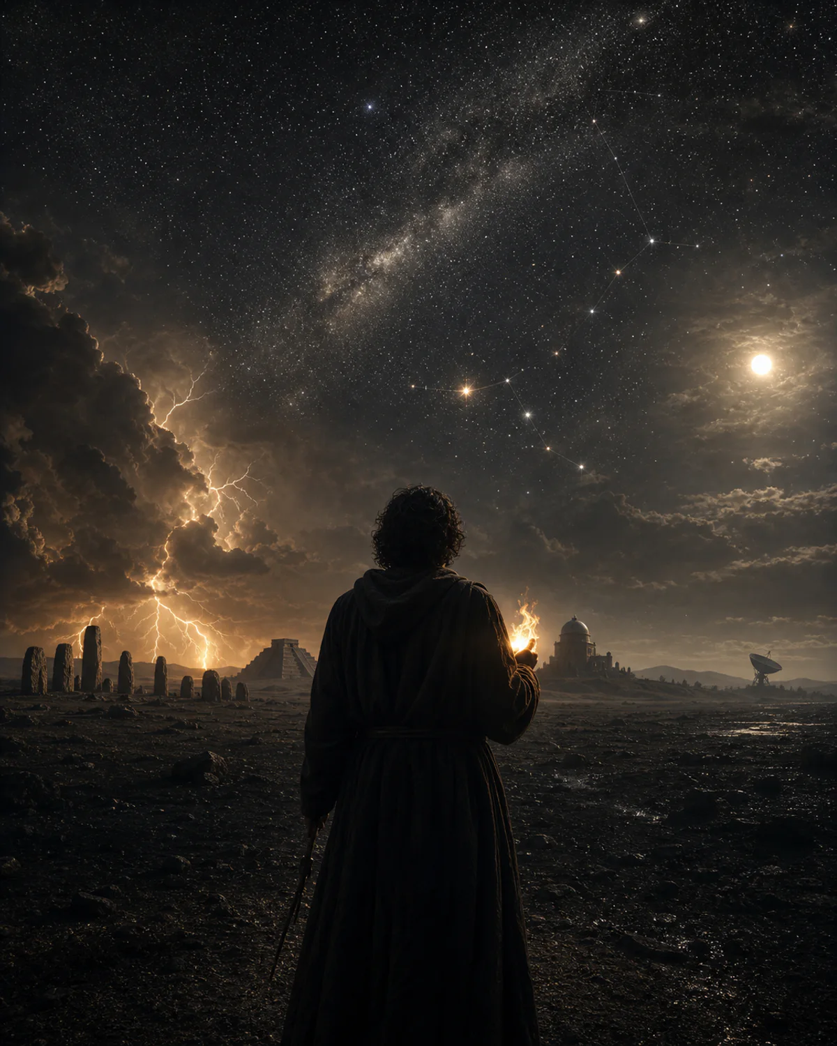 A lone human carrying fire beneath lightning, stars and a horizon of observatories from many ages