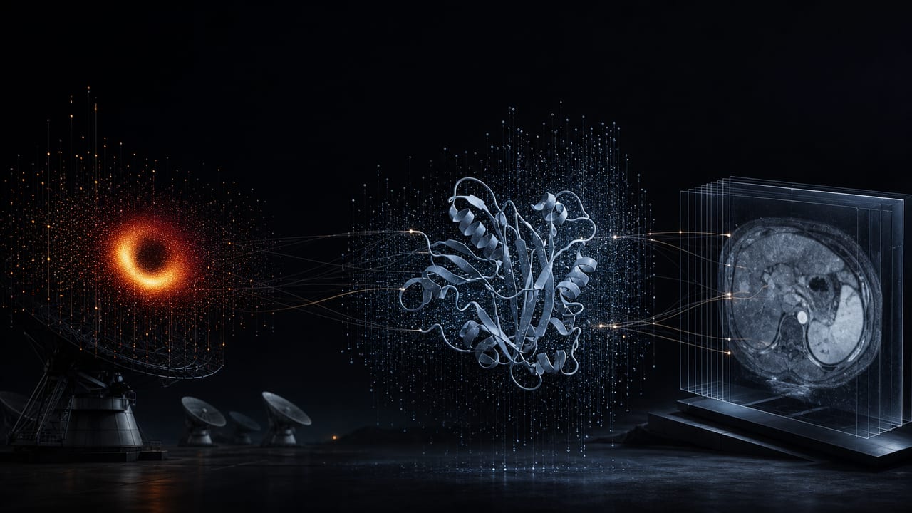 Scientific data resolving into a black-hole image, a folded protein and a medical scan.