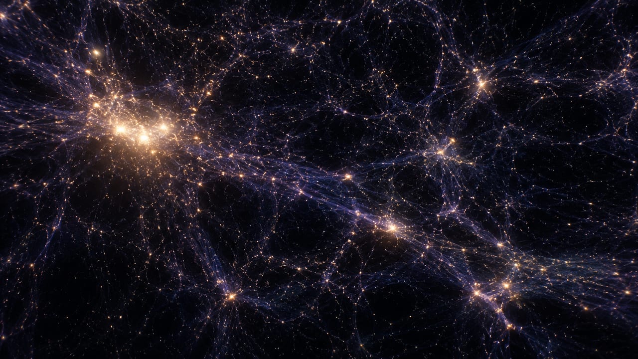 A vast cosmic web — golden galaxy clusters strung along faint blue-violet filaments of dark matter.